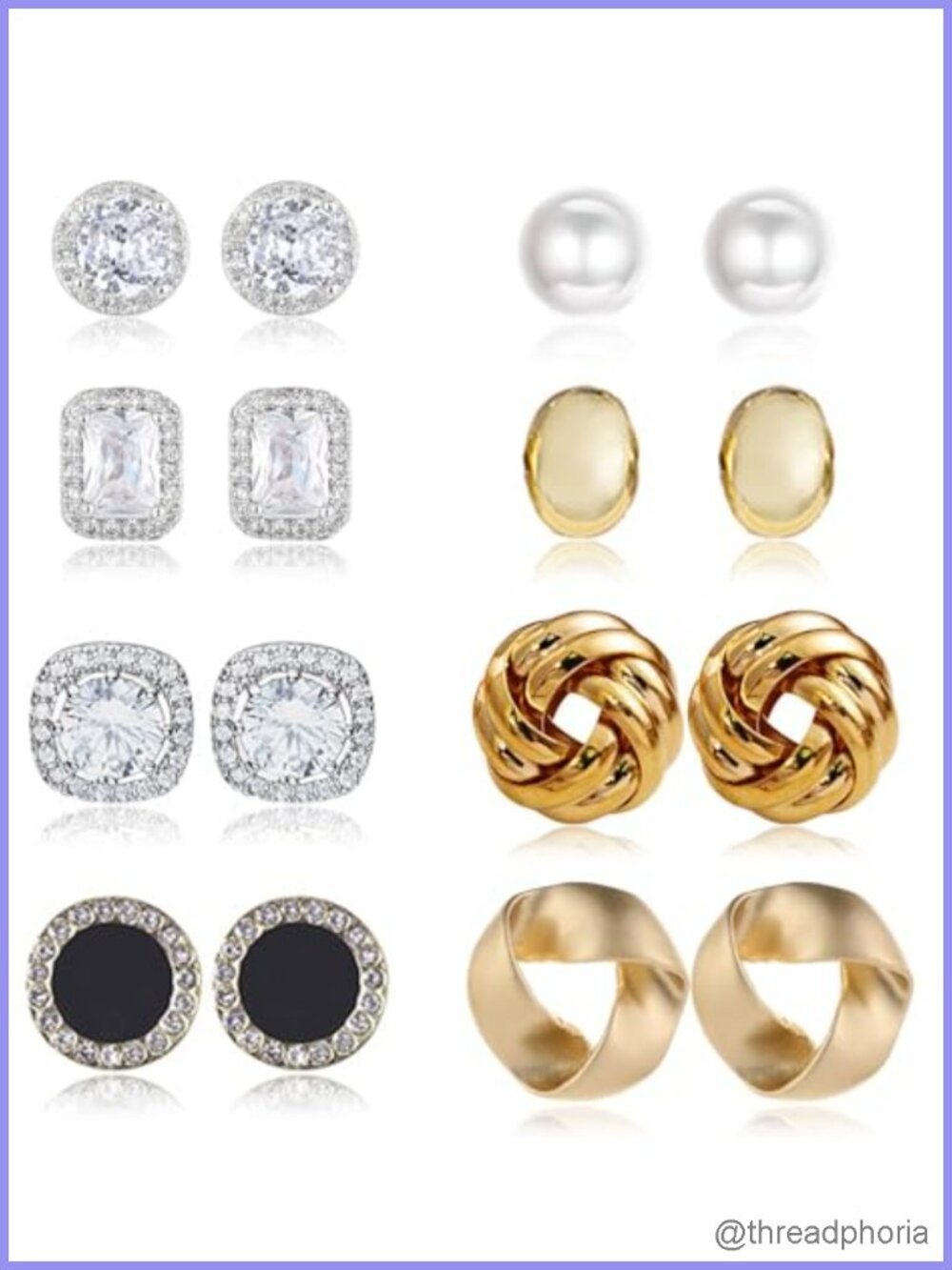 Cubic Zirconia Halo Stud Earring Set with Faux Pearl and Gold Plated Knot Twist